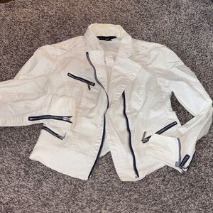 Lightweight White Women's Moto Jacket with Navy Contrast Zippers